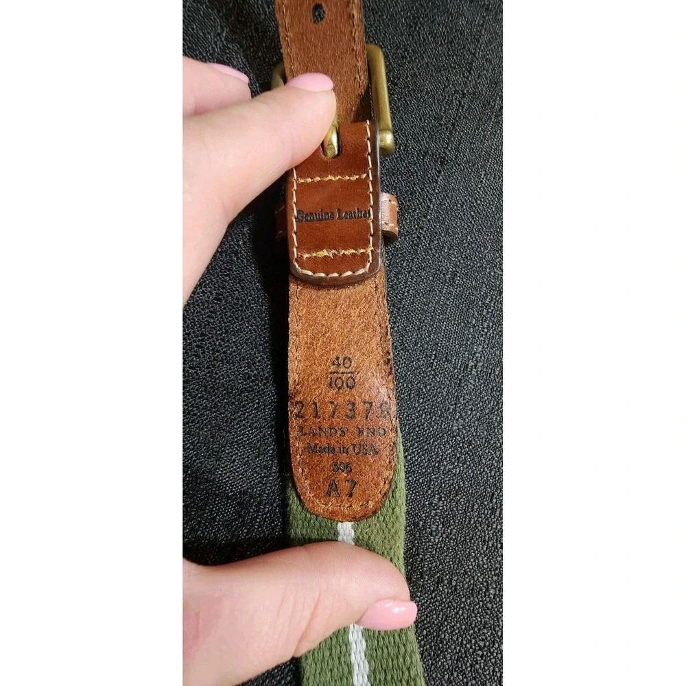 Lands End Golf Belt Mens 40‎ Olive Green Canvas Web Leather Brass Buckle Casual